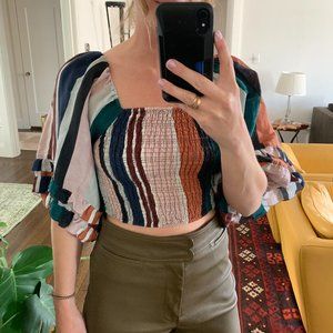 APIECE APART Laguna cropped off-the-shoulder striped linen and silk-blend top